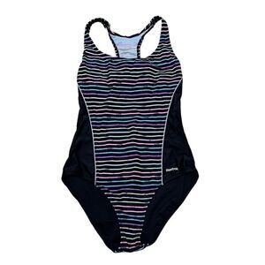 Reebok Swim Colorful Dimension Stripe & Black One-Piece Swimsuit Size 12